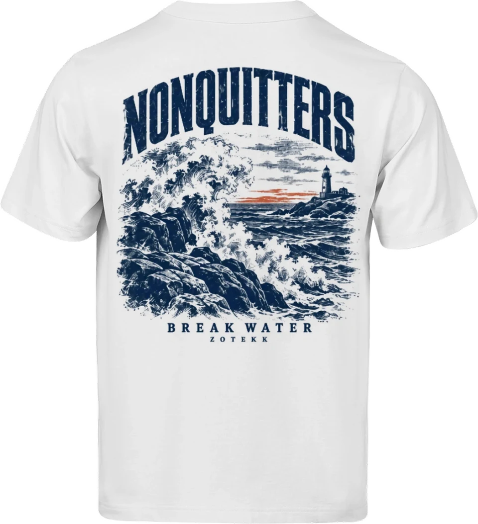 Break Water NONQUITTERS T-shirt i hvid – ryg med bølger og fyrtårn