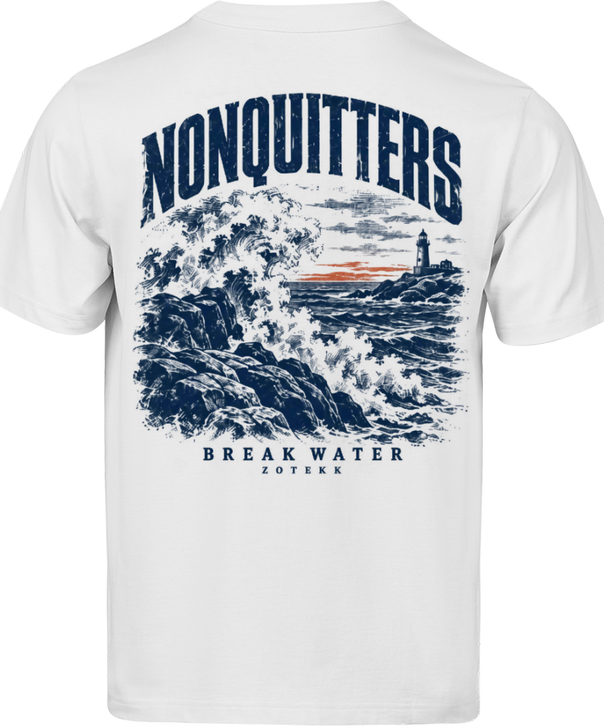 Break Water NONQUITTERS T-shirt i hvid – ryg med bølger og fyrtårn