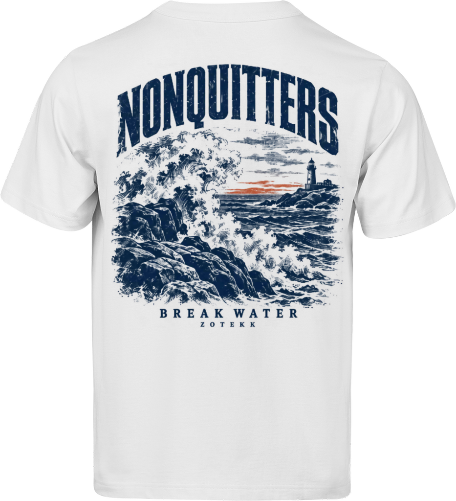 Break Water NONQUITTERS T-shirt i hvid – ryg med bølger og fyrtårn