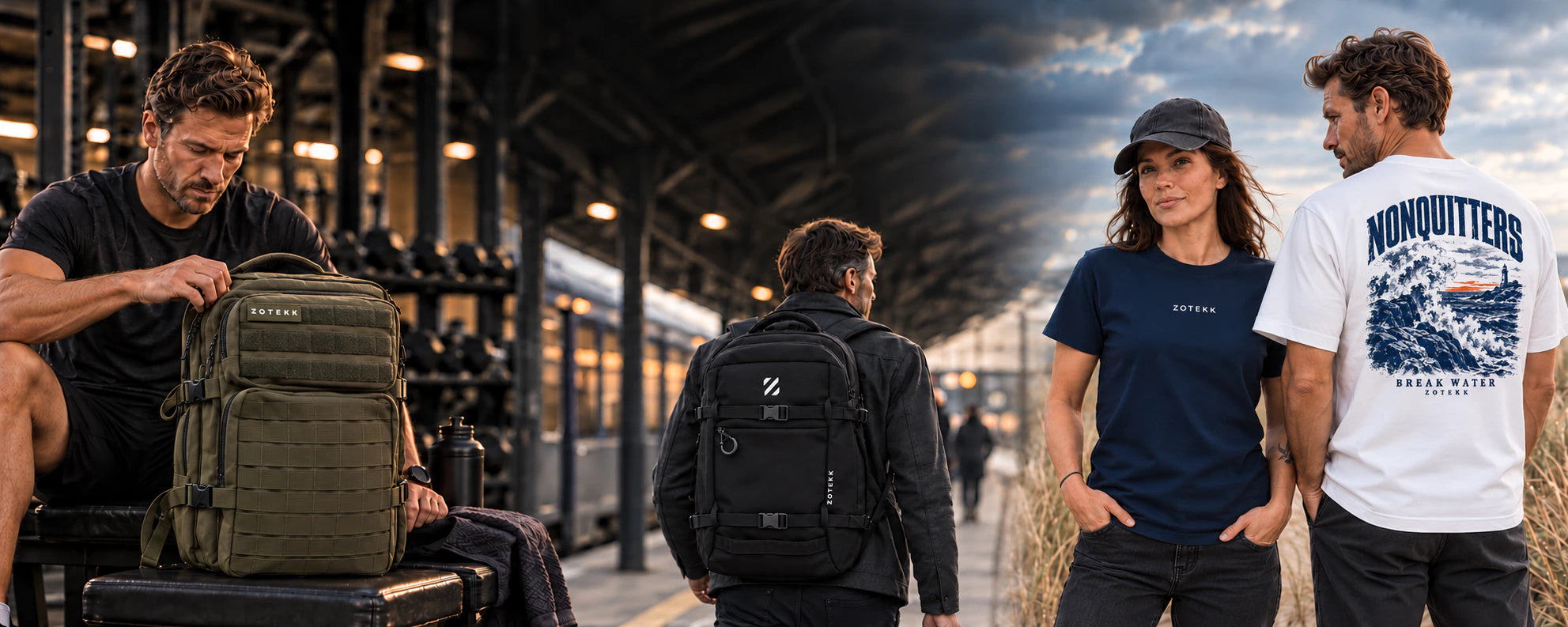 ZOTEKK-tasker til træning og arbejde og Break Water T-shirts ved kysten