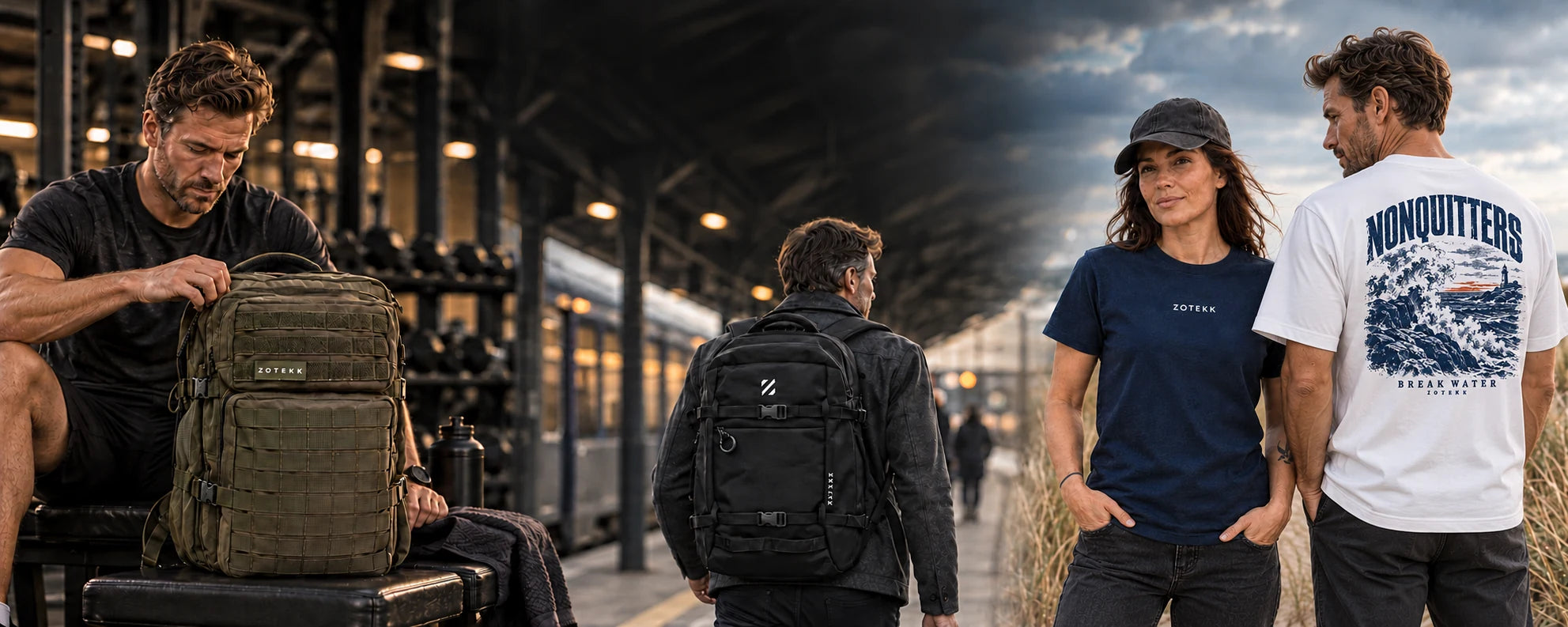 URBAN i fitness, Crosslander på vej gennem byen og ZOTEKK T-shirts til kvinder og mænd ved kysten.